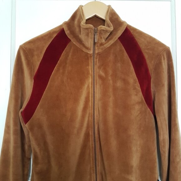 Roots Vintage Velour Front Zip Funnel Neck Sweater Jacket Brown Sz M - Picture 2 of 13